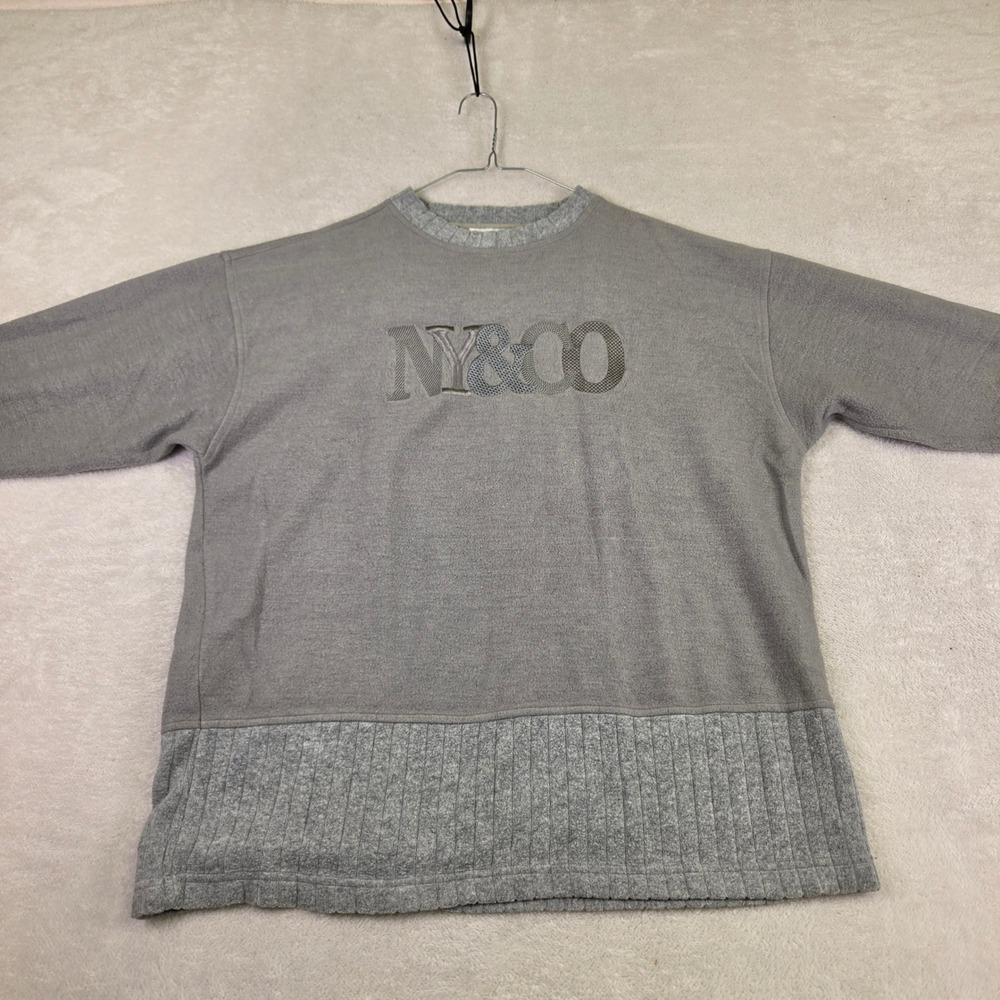 NY&Co Grey Fleece Sweatshirt Embroidered Logo Ribbed Hem Crew Neck Top 4519